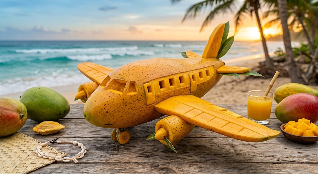 AI-generated image of an airplane carved out of a pineapple or something, on a tropical beach.