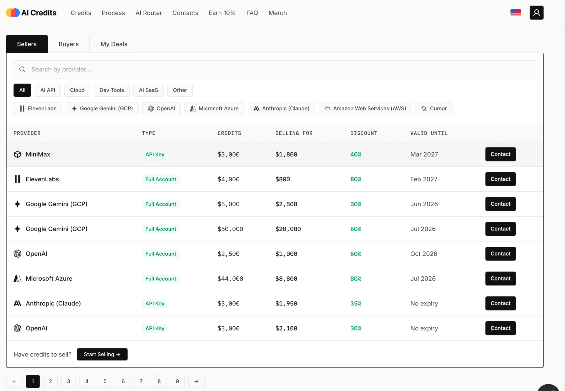 AI Credits · seller listings, 30–80% off