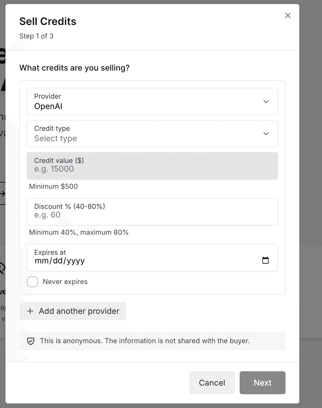AI Credits · sell credits, step 1 of 3