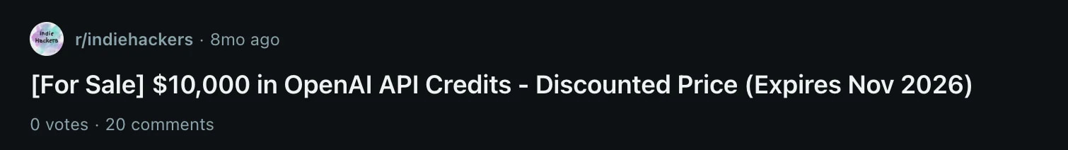 r/indiehackers · $10k in API credits, discounted