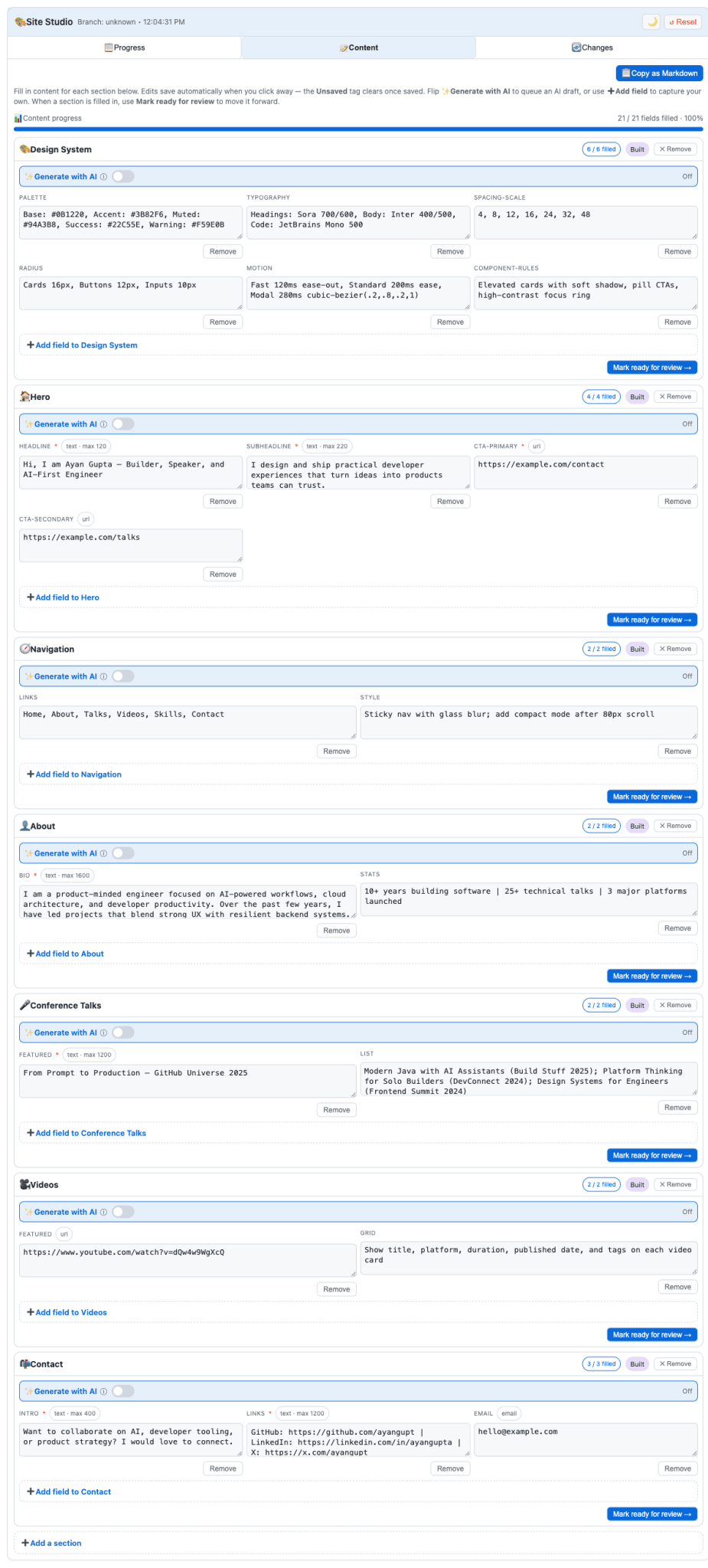 The Site Studio canvas Content tab at 100% completion, with editable sections — Design System, Hero, Navigation, About, Conference Talks, Videos, and Contact — each showing filled fields and a Mark ready for review action.