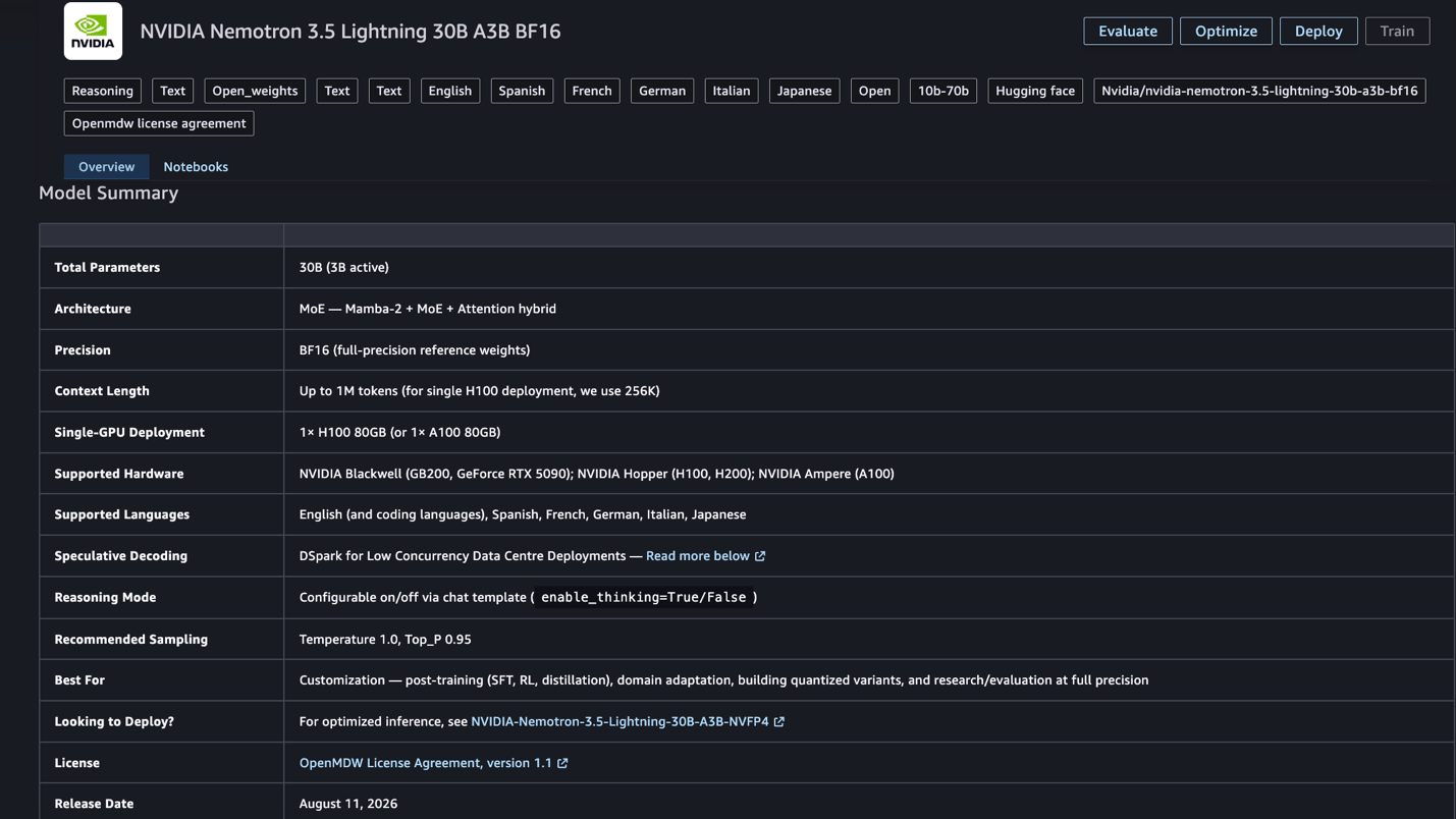 Nemotron 3.5 Lightning model card in SageMaker JumpStart showing the NVFP4 model ID