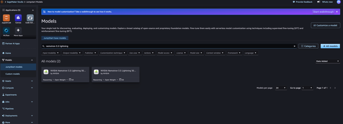 SageMaker JumpStart search results listing the Nemotron 3.5 Lightning model