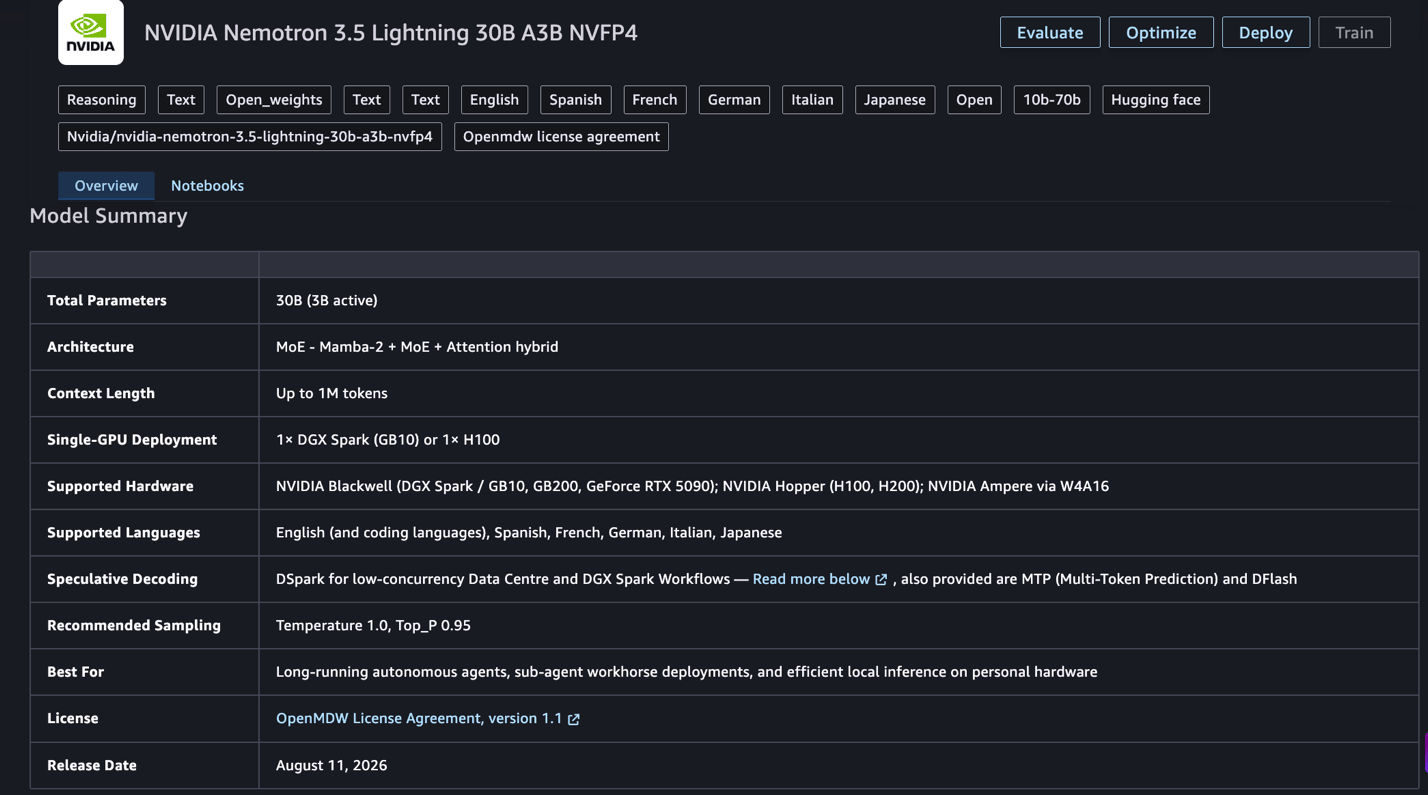 Additional Nemotron 3.5 Lightning model card details in SageMaker JumpStart