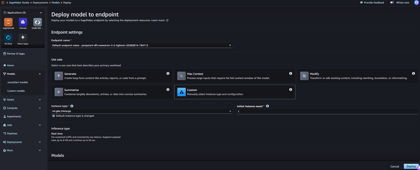 SageMaker JumpStart deployment settings with an instance type selected