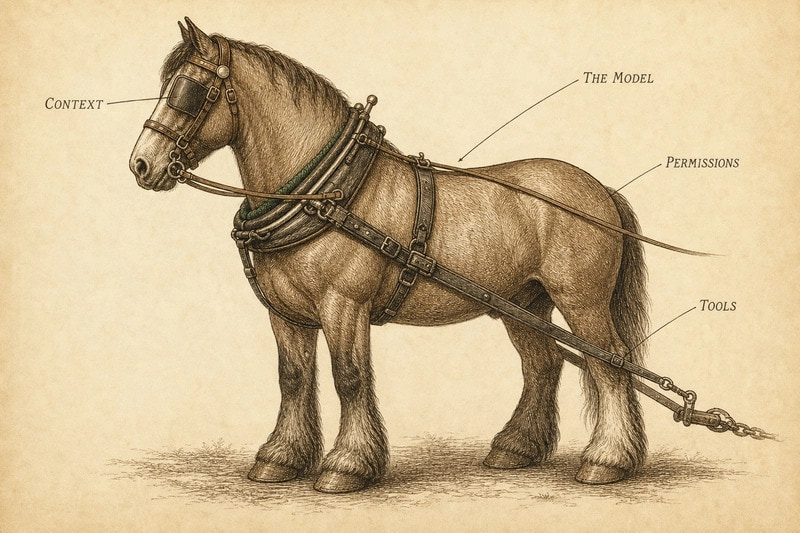 A draft horse in full working harness, with the collar, blinders, reins and traces labelled as the model, context, permissions and tools.
