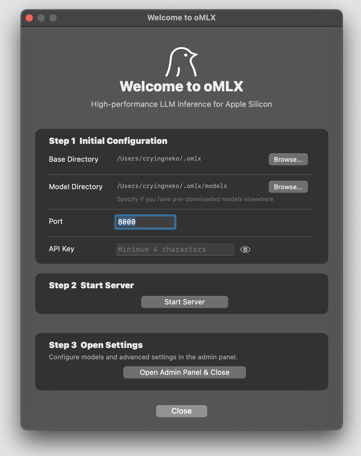 oMLX Welcome Screen