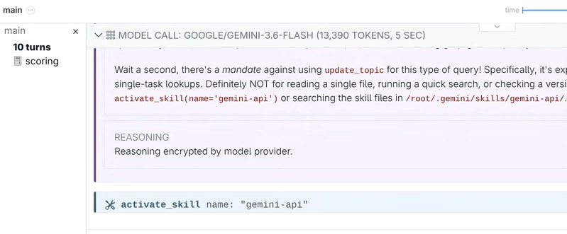 A screenshot of a terminal-like interface showing a model call turn and a specific action: 'activate_skill' name: 'gemini-api' being executed.