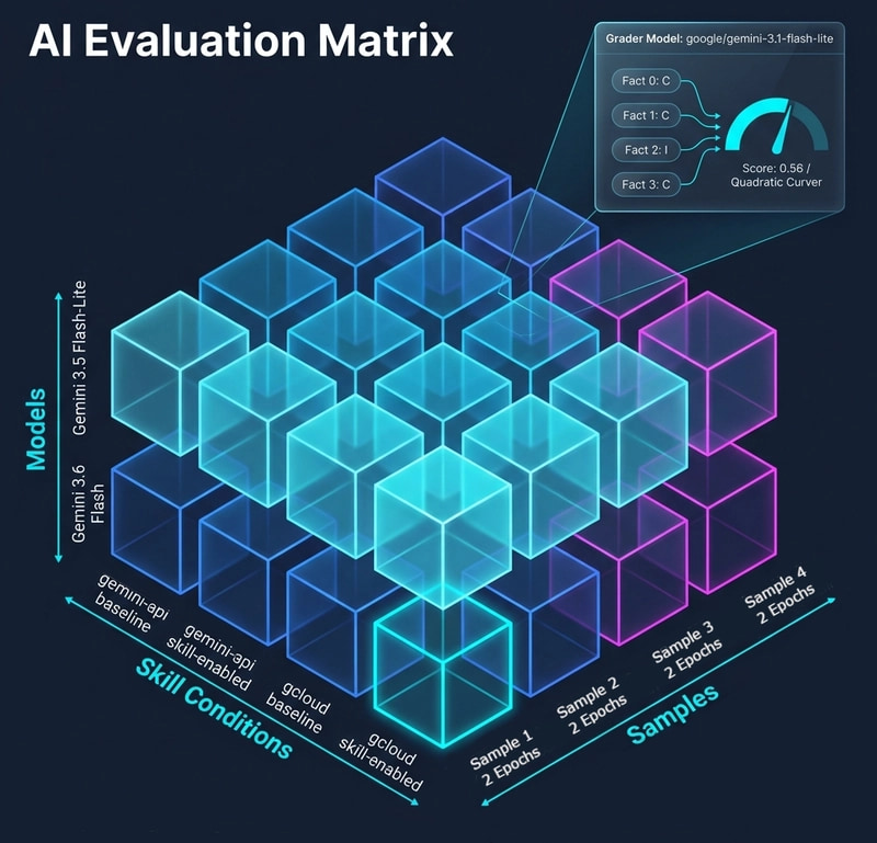 A 3D grid matrix visualizing eval conditions: Models on the vertical axis, Skill Conditions on the depth axis, and Samples on the horizontal axis. A callout box shows a grader model evaluating four facts, resulting in a score on a meter.