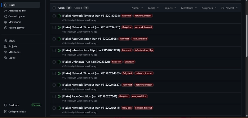 Logs showing the issues annotated by the FlakeFixer