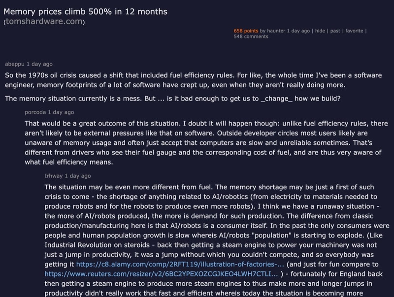Hacker News discussion — Memory prices climb 500% in 12 months, 658 points, 548 comments