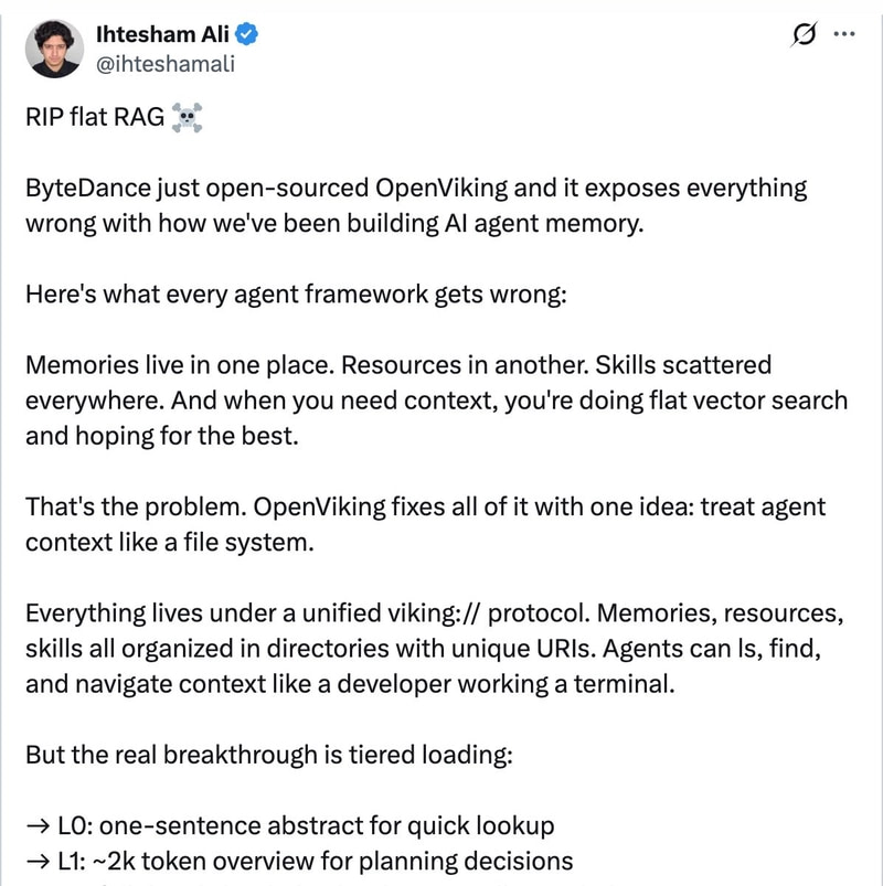 @ihtesham2005 on X — RIP flat RAG. ByteDance just open-sourced OpenViking and it exposes everything wrong with how we have been building AI agent memory.