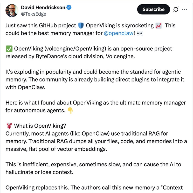 @TeksEdge on X — OpenViking is skyrocketing. This could be the best memory manager.