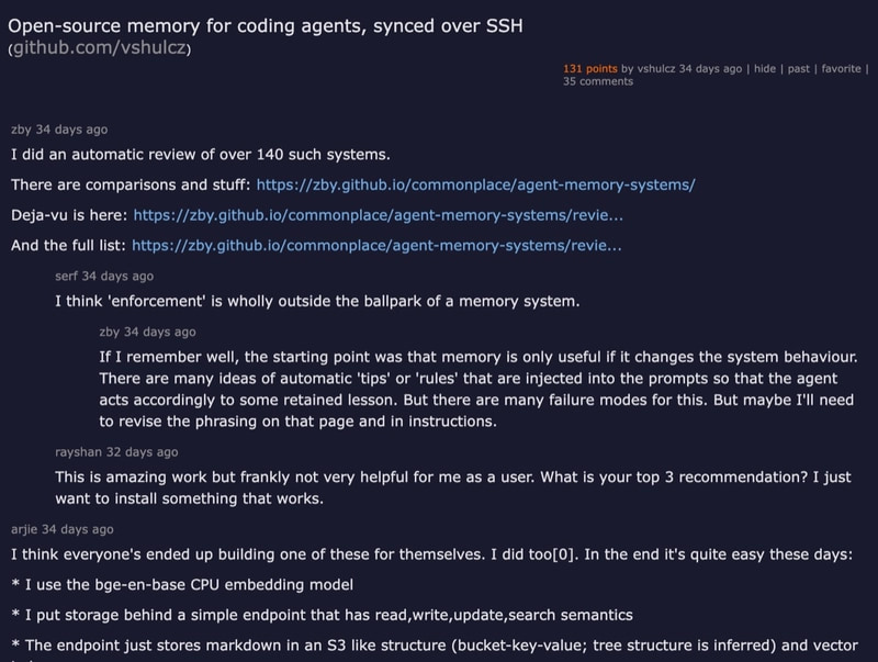 Hacker News — Open-source memory for coding agents, 131 points, with top comment: I think everyone has ended up building one of these for themselves