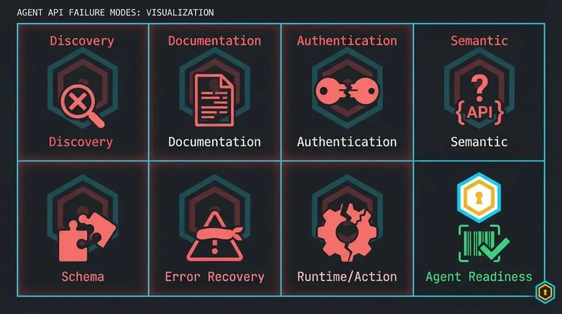 Seven failure modes — 4×2 grid with Agent Readiness as solution