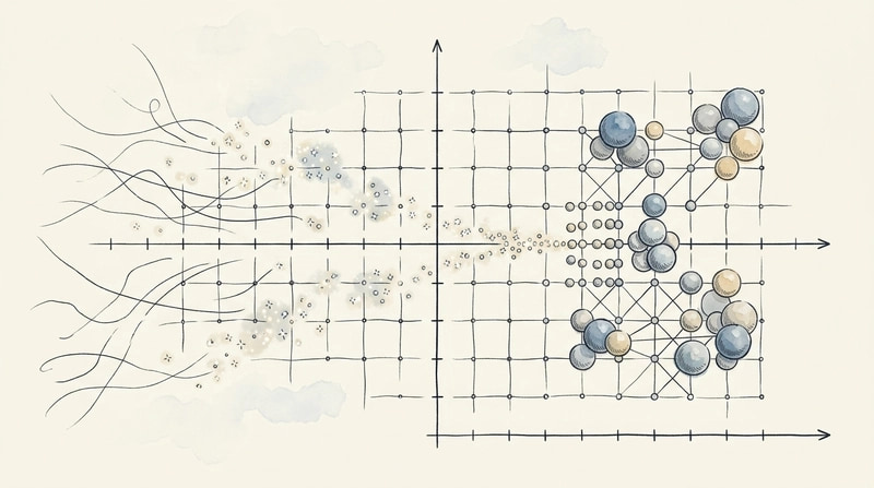An abstract blueprint visualizing a mathematical coordinate grid where raw text prompts dissolve into sparkling coordina