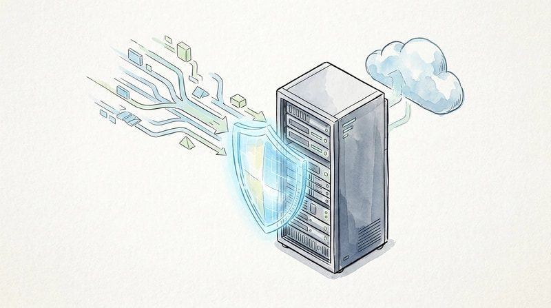 A clean isometric illustration of a sleek rack of network servers with a glowing shield representing a central middlewar