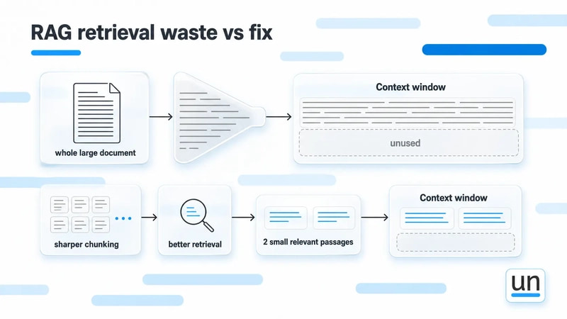 Diagram comparing inefficient RAG retrieval that sends an entire document into the context window versus optimized retrieval that sends only relevant passages.