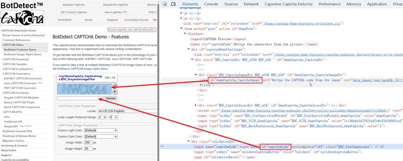 BotDetect CAPTCHA image, input, and validation elements inspected in the browser