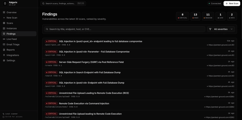 Xalgorix findings dashboard showing severity, endpoints, and CVSS context