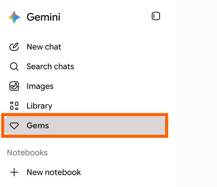 Gemini 侧边栏展开，箭头指向 Gems。