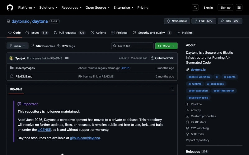 The daytonaio/daytona GitHub repository showing 72k stars, a root with only a README and assets folder, and a notice that the repository is no longer maintained with core development moved to a private codebase as of June 2026