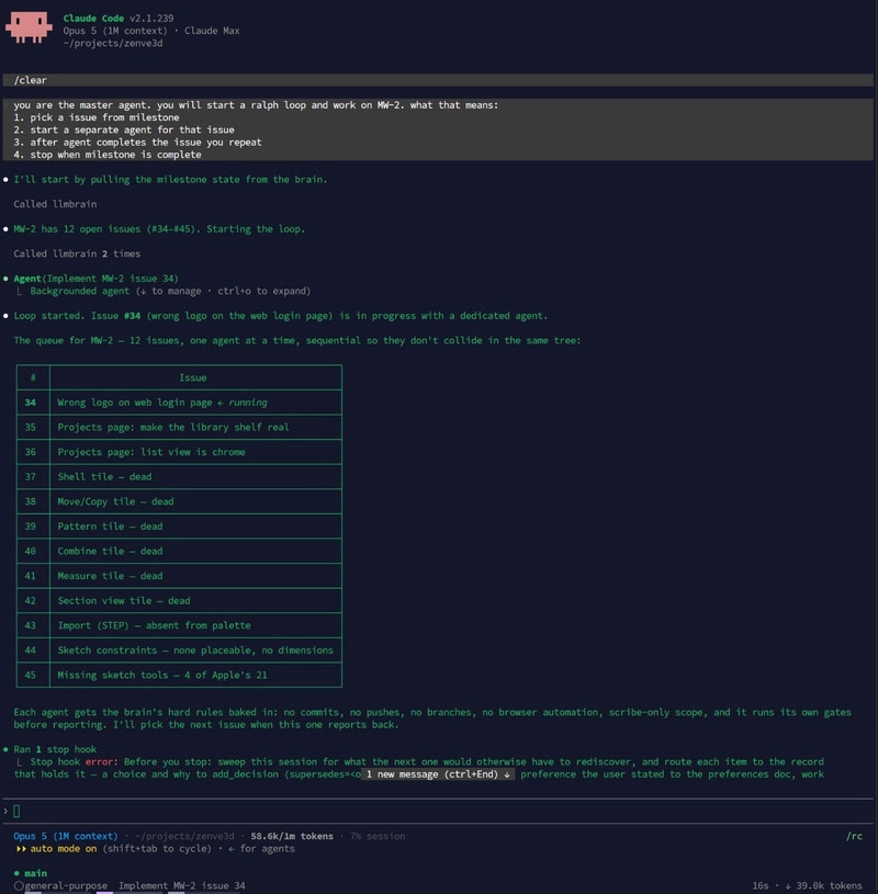 Claude Code terminal running a Ralph loop: the master agent lists a 12-issue milestone queue and spawns a dedicated worker agent for the first issue