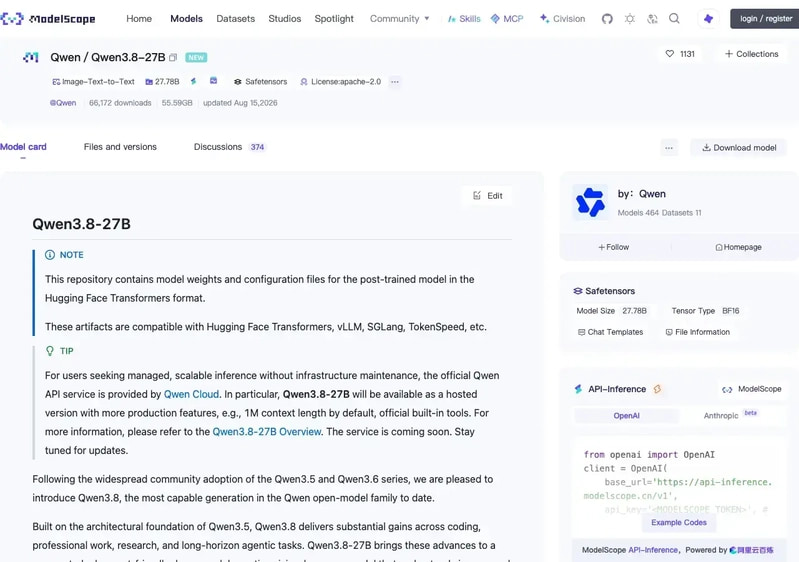 Qwen3.8-27B on ModelScope
