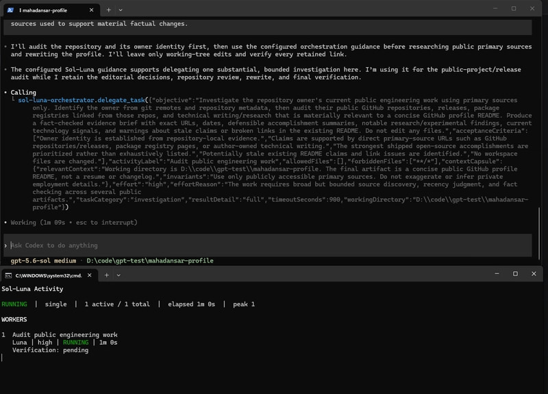 Fresh Codex session: the parent discovered the orchestration guidance and chose one bounded research worker without being told to delegate.
