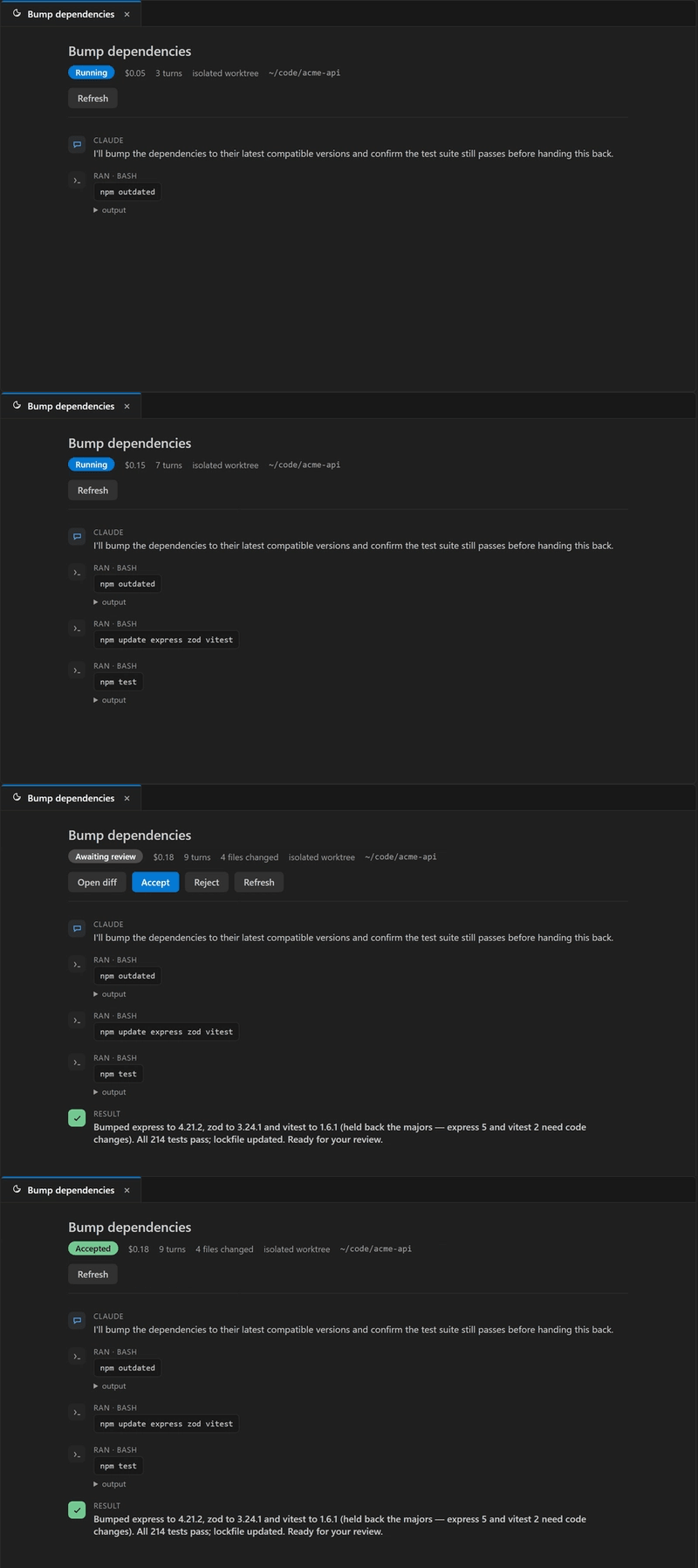 任务在隔离的 worktree 中通宵运行，然后等待在早上收件箱中——接受或丢弃
