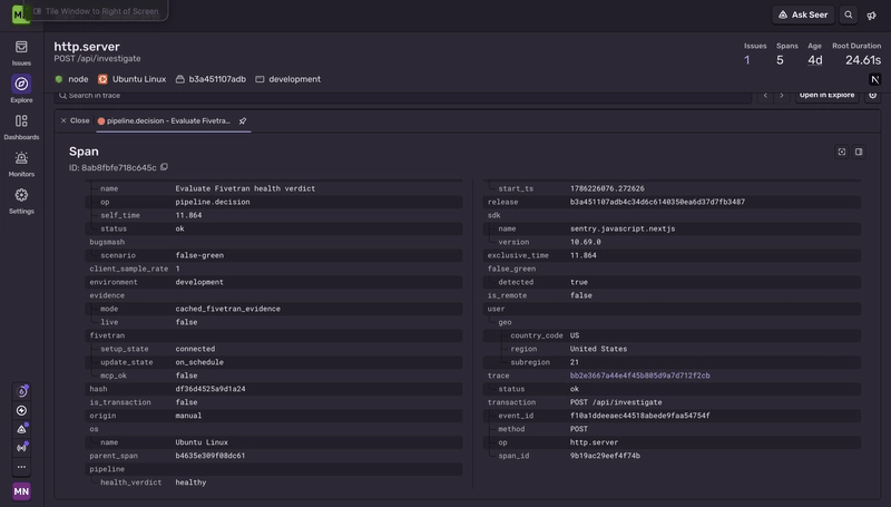 Pre-fix Sentry decision span showing cached Fivetran evidence, live evidence false, MCP unavailable, connected and on-schedule status, and a Healthy pipeline verdict