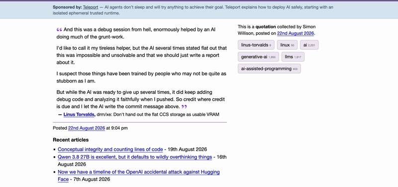 Simon Willison's blog post highlighting Linus Torvalds' quote about AI declaring a kernel bug impossible to solve