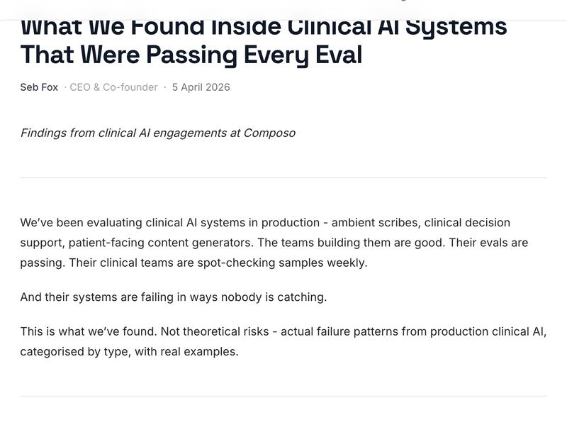Composo blog post detailing clinical AI failure modes found in 847 production notes