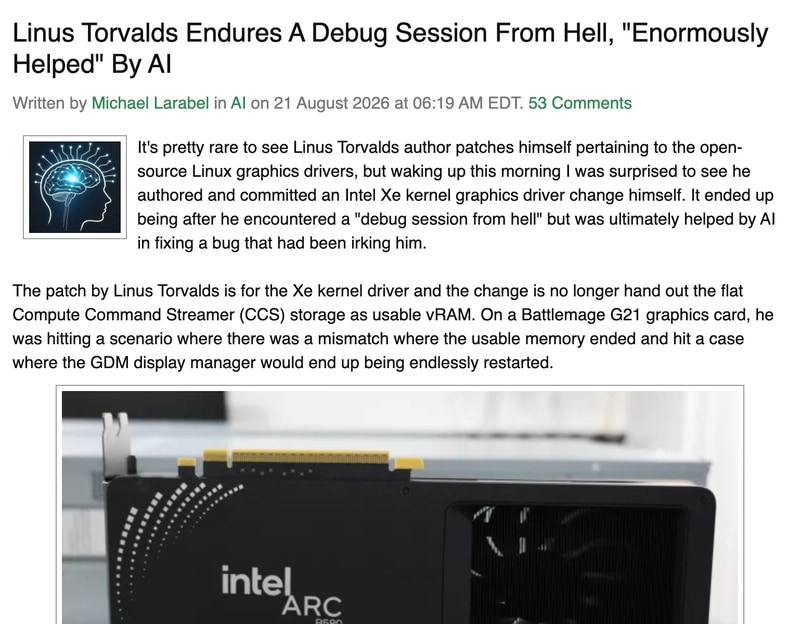 Phoronix article reporting on Linus Torvalds' AI-assisted debug session with the Linux kernel