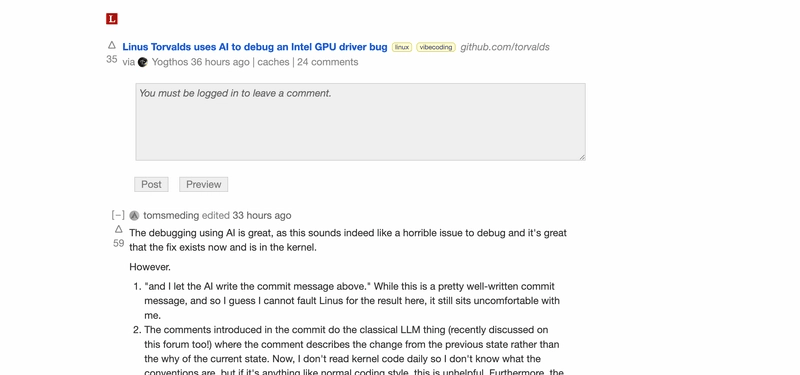 Lobste.rs discussion thread about Linus Torvalds using AI to debug an Intel GPU driver bug