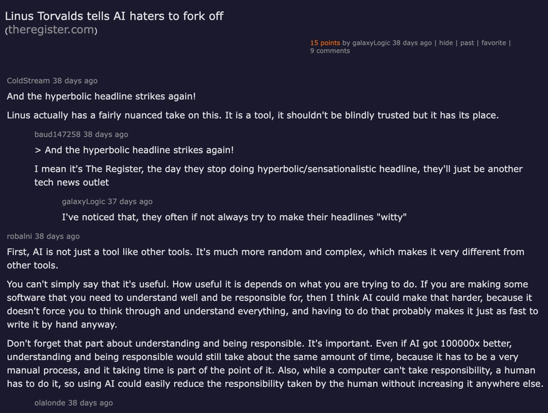 Hacker News discussion thread about Linus Torvalds defending AI use in the Linux kernel