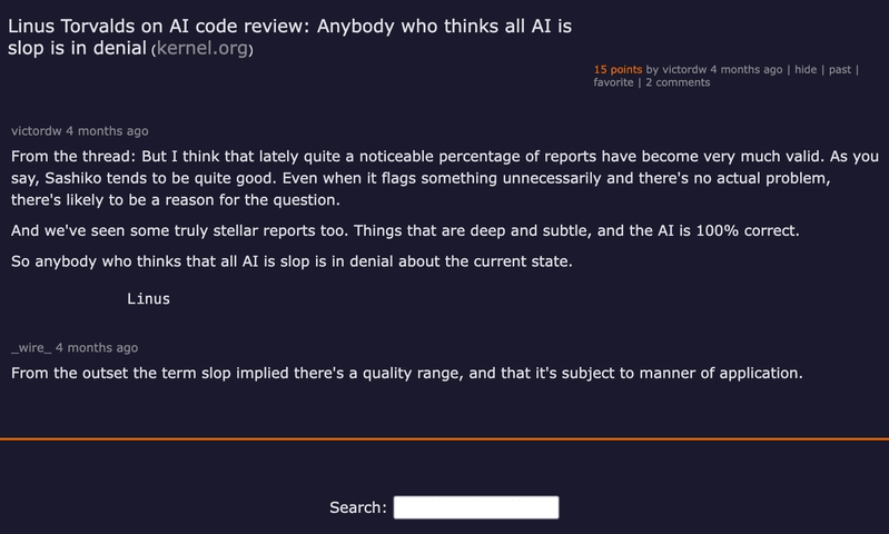 Hacker News discussion about Linus Torvalds saying anybody who thinks all AI is slop is in denial