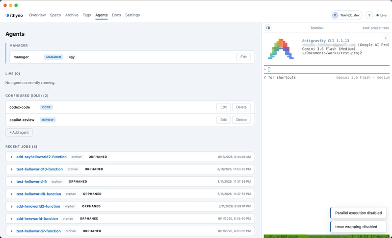Agent roles configured in ithyno beside the Manager terminal