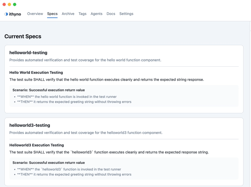 OpenSpec requirements shown in the ithyno Specs view