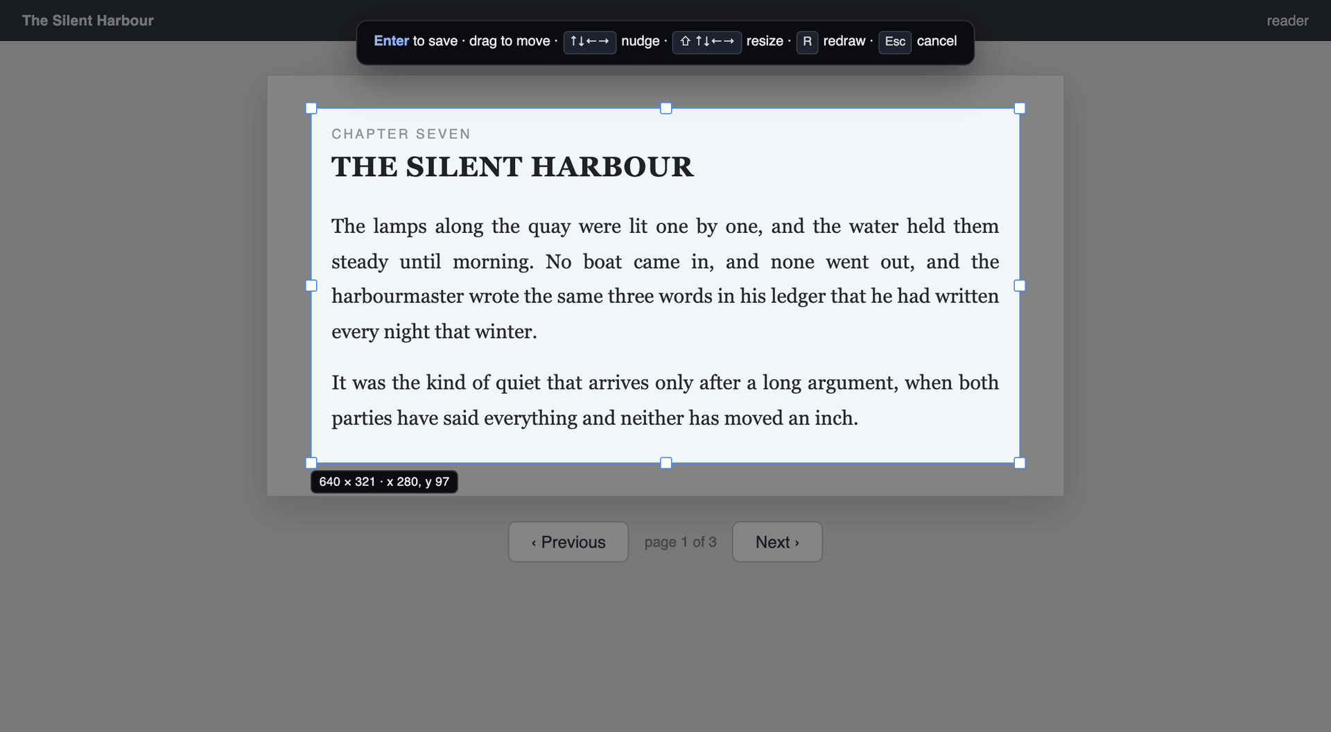 The region picker: a dimmed page with a bright selection box, resize handles, a live size readout, and a hint bar