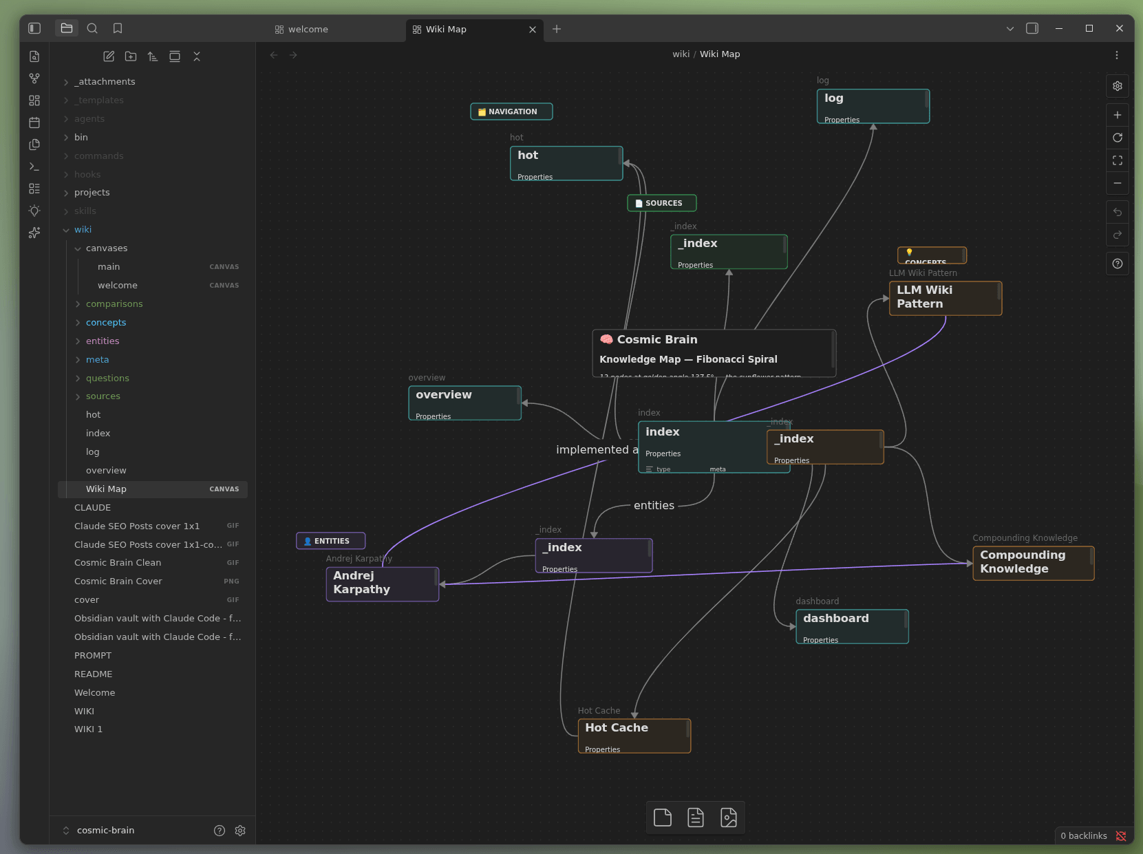 Example claude-obsidian knowledge map in Obsidian Canvas