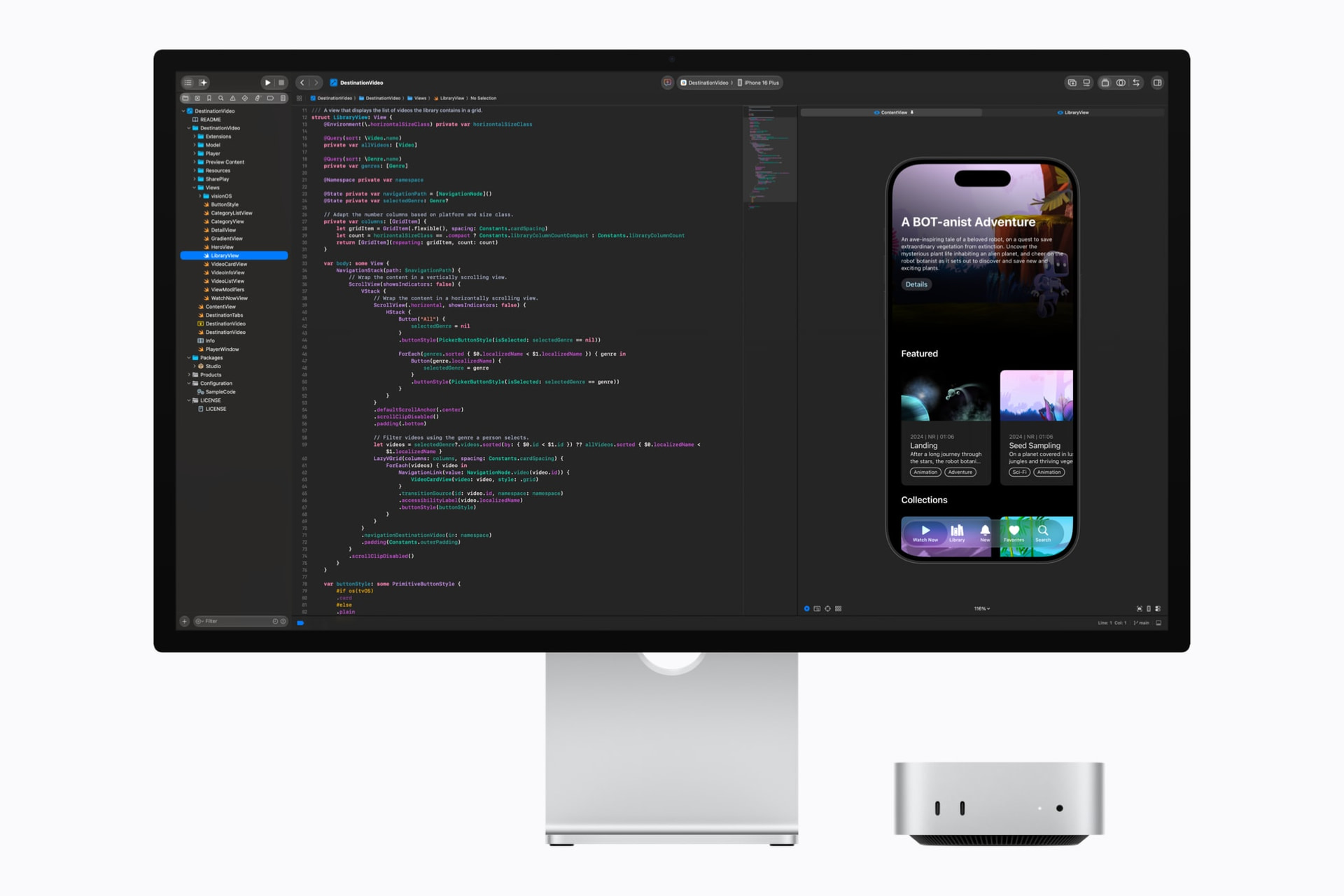 Mac Studio 和 Studio Display 展示在 Xcode 中编写代码。