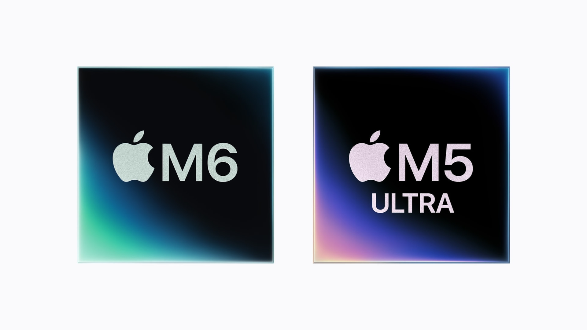 Apple M6 芯片和 Apple M5 Ultra 芯片并排展示的标志。