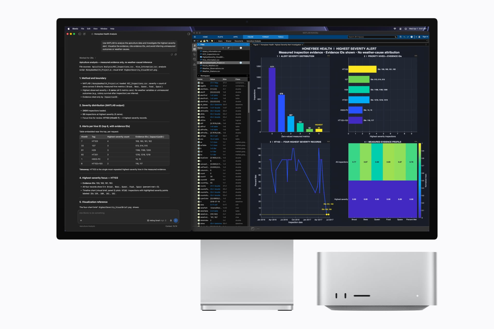 Mac Studio 和 Studio Display 展示 LM Studio Bionic 和 MATLAB 中的复杂数据可视化和图表。