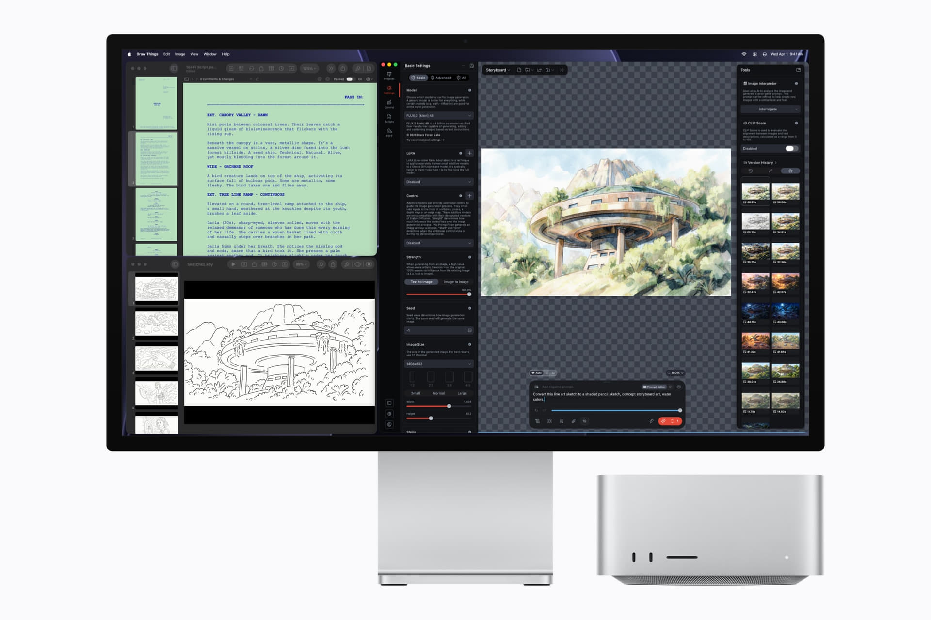 Mac Studio 和 Studio Display 展示在 Draw Things 应用中编辑一张树屋图片。