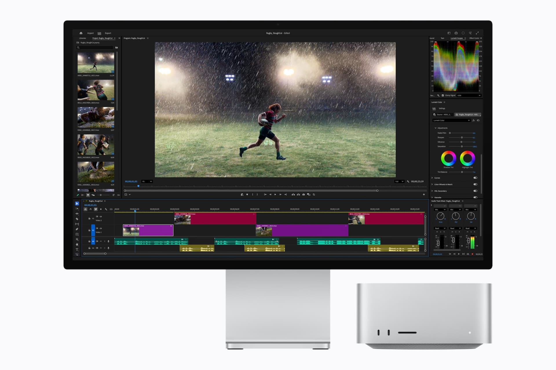 Mac Studio 和 Studio Display 展示在 Adobe Premiere Pro 中编辑视频时间线。