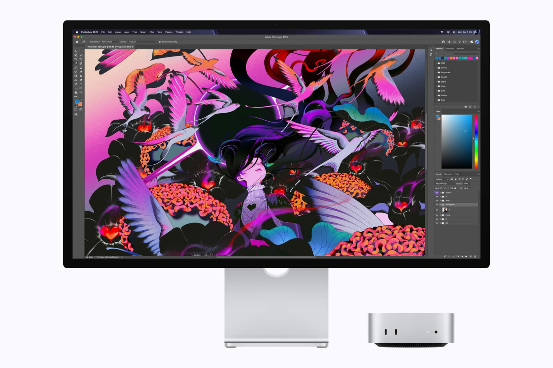 Mac Studio 和 Studio Display 展示在 Adobe Photoshop 中编辑一幅色彩斑斓的抽象插画。
