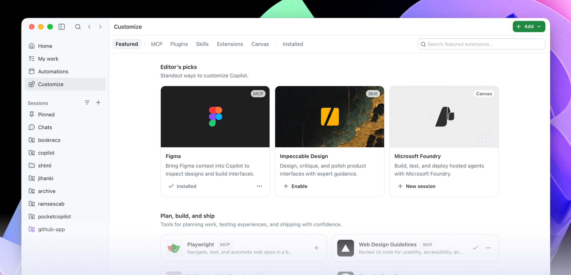 The Customize tab in the GitHub Copilot app, featuring customizations for Figma, Impeccable Design, and Microsoft Foundry.