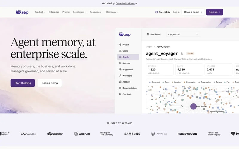 Zep homepage showing agent memory at enterprise scale with a context graph dashboard