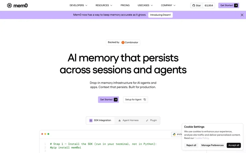 Mem0 homepage showing drop-in memory infrastructure for AI agents